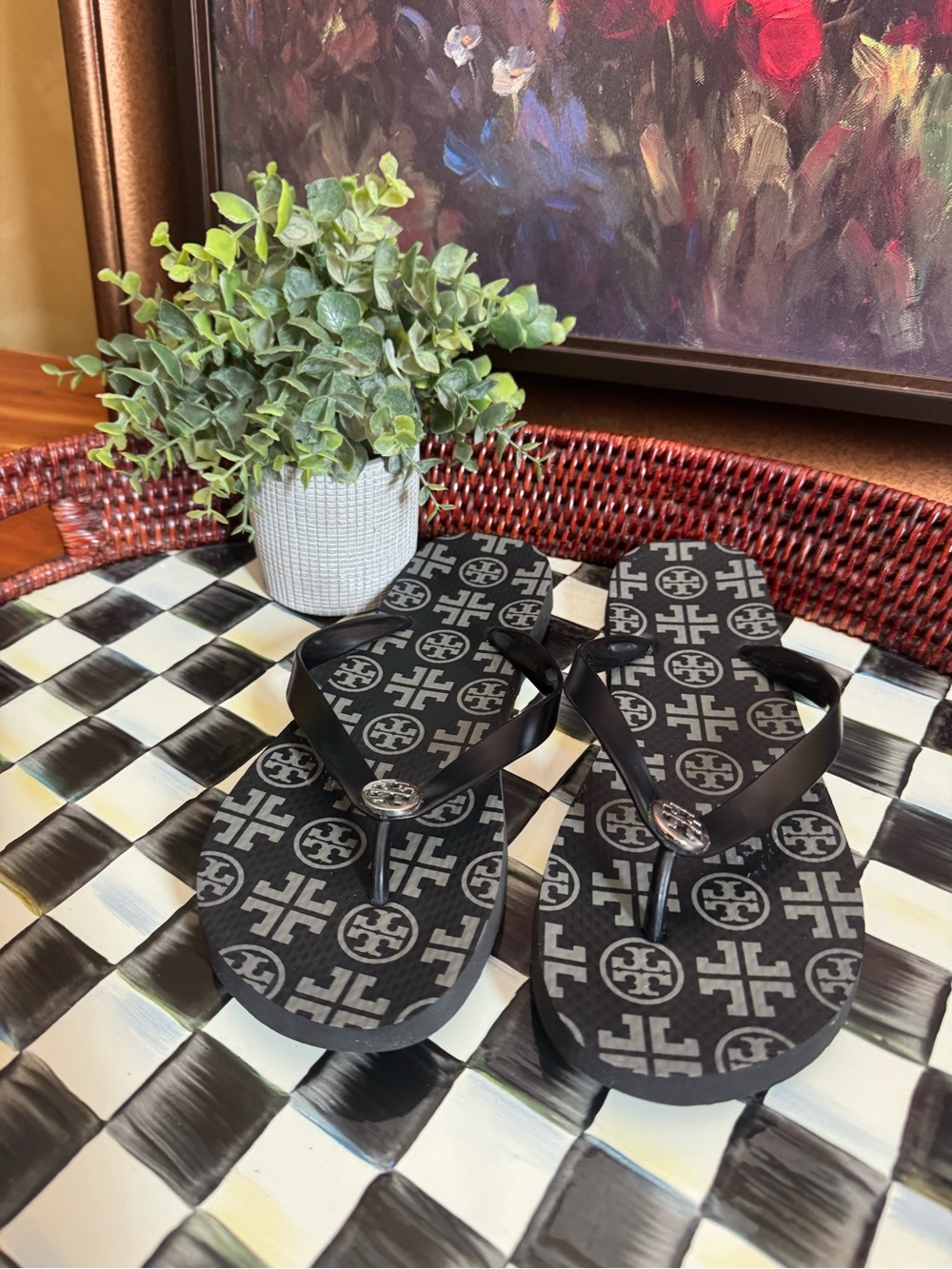 Tory Burch Black and Gray Logo Flip Flops
